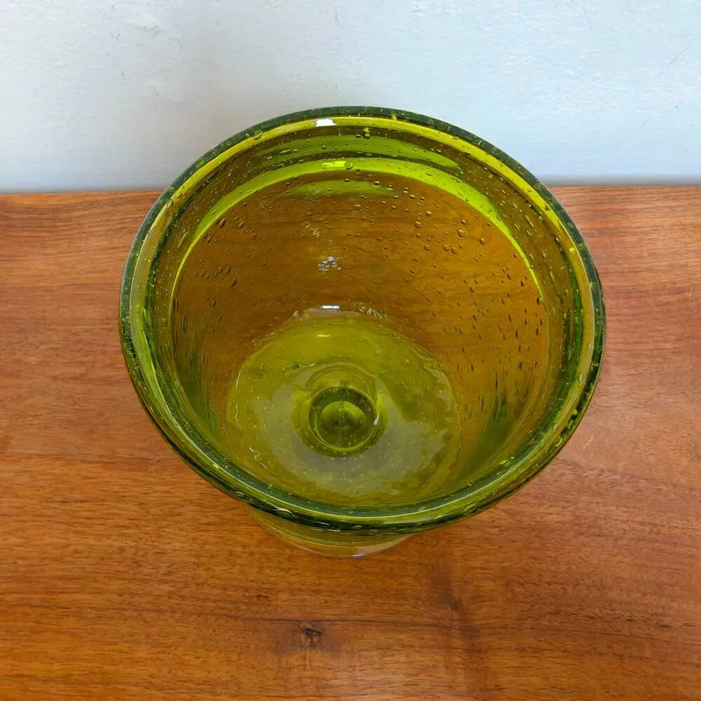 Vintage Hand Blown Art Glass Green Bubble Footed Small Vase Candle Holder